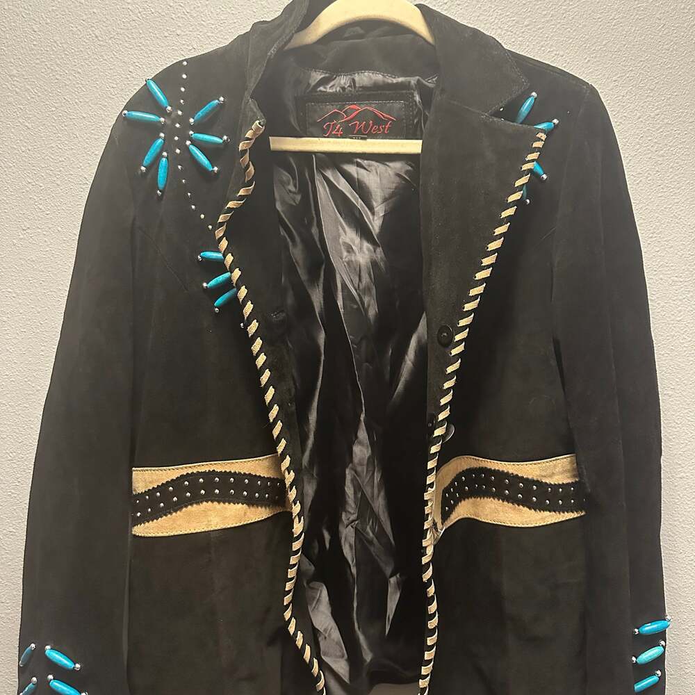 Vintage T4 West Black Suede Leather Jacket with Turquoise Accents & Studs